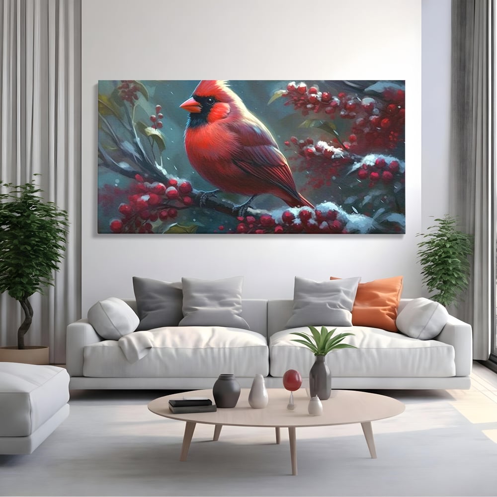 Tablou canvas cu tablou canvas cu pasare cardinal pe ramura inzapezita, fara rama, pe sasiu de lemn, pe perete intr-un living